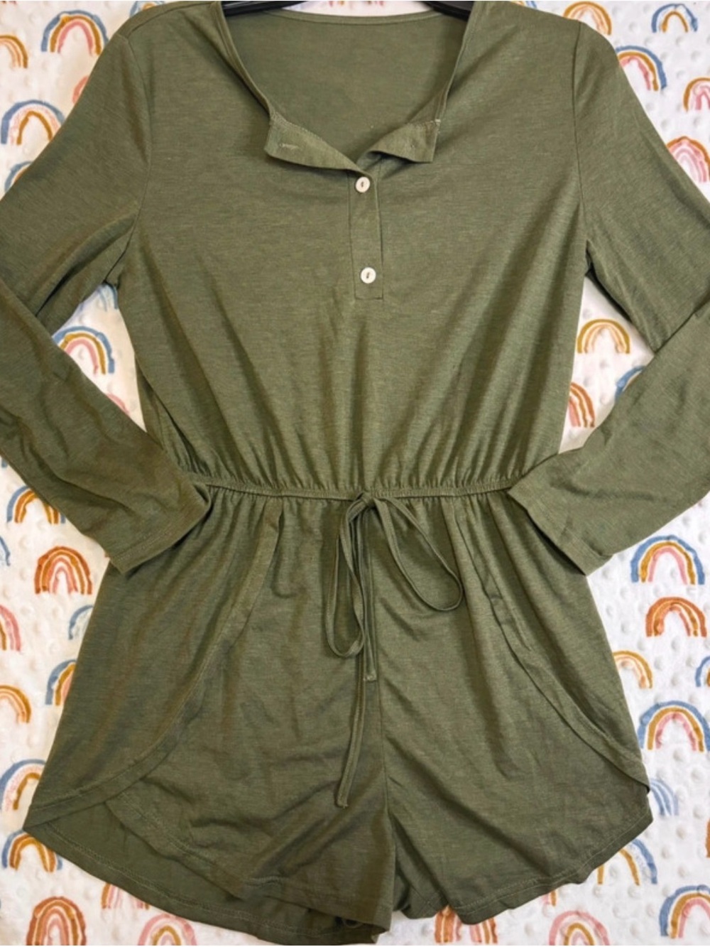 Olive Green Long-Sleeve Drawstring Romper